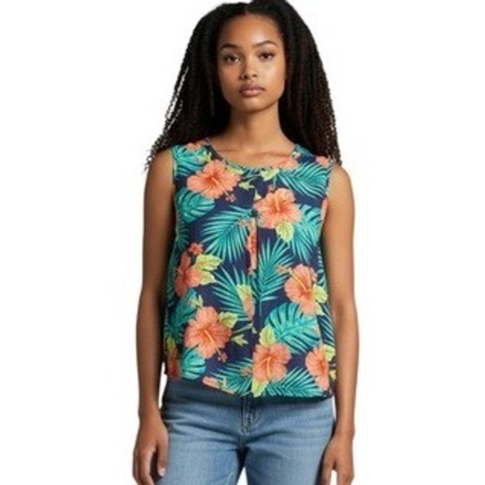 Kiwi Fresh Tropical Floral Sleeveless V-Neck Top Blue Green Coral Petite L